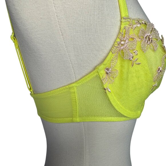 Victorias Secret 32D Yellow Floral Lace Push-Up Without Padding Bra Rhinestone - Picture 5 of 9